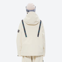 
                  
                    Women's waterproof snow jacket and pants set - cream jacket, on-model back view, for resort and street wear
                  
                