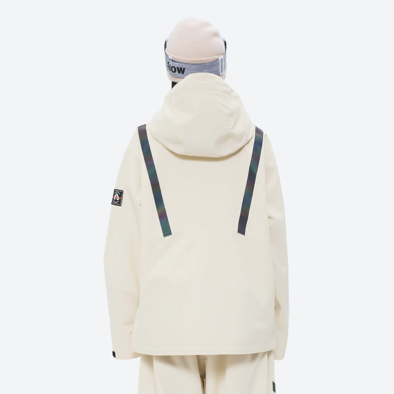 Women's waterproof snow jacket and pants set - cream jacket, on-model back view, for resort and street wear