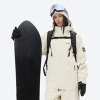 
                  
                    Breathable ski jacket and snow pants combo - cream, on-model front with snowboard and backpack, for skiing and snowboarding
                  
                
