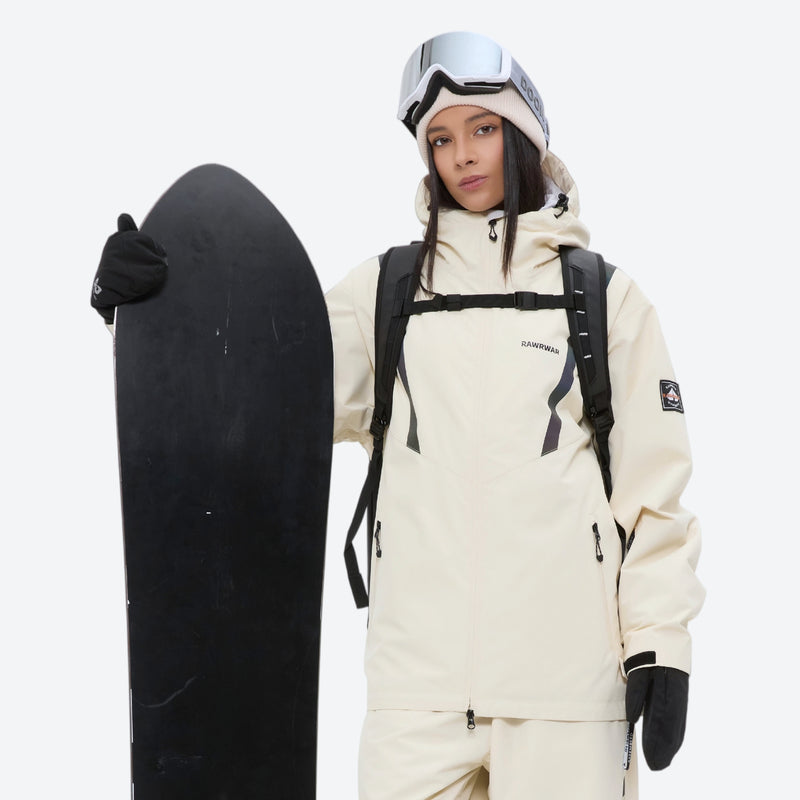 Breathable ski jacket and snow pants combo - cream, on-model front with snowboard and backpack, for skiing and snowboarding