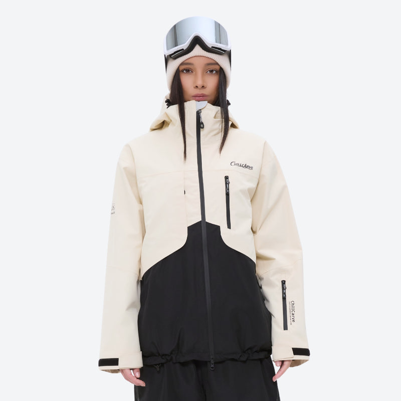 Waterproof snow jacket and pants set - cream and black colorblock, on-model front view, for powder and piste riding