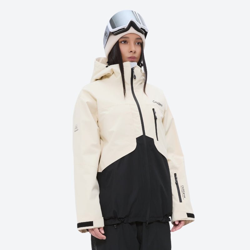 Colorblock snowboard jacket and pants set - cream and black colorblock, on-model front view, for skiing and snowboarding