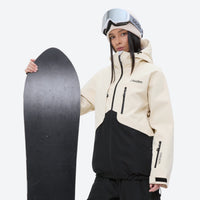 
                  
                    Colorblock snowboard jacket and pants set - cream and black colorblock, for resort and backcountry days
                  
                