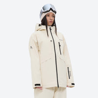 
                  
                    Women's reflective trim ski jacket with suspender bibs - cream jacket with cream bib pants, on-model three-quarter front view
                  
                