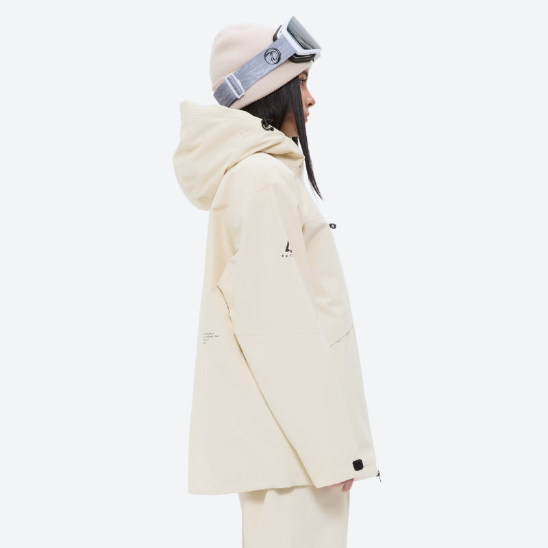 Waterproof snow jacket and pants set - women's cream, on-model hood side view, for powder and piste riding