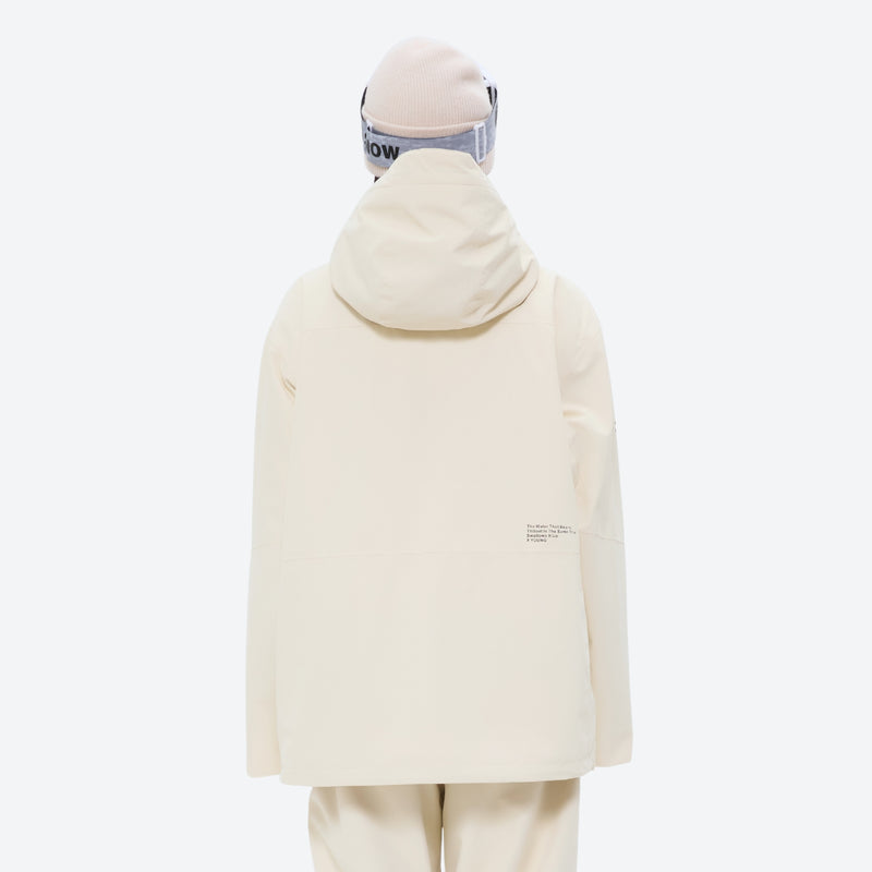 Breathable ski jacket and snow pants combo - women's cream, on-model back hood view, for cold-weather winter sports