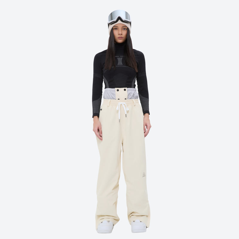 Colorblock snowboard jacket and pants set - women's cream pants with black base layer, for skiing and snowboarding