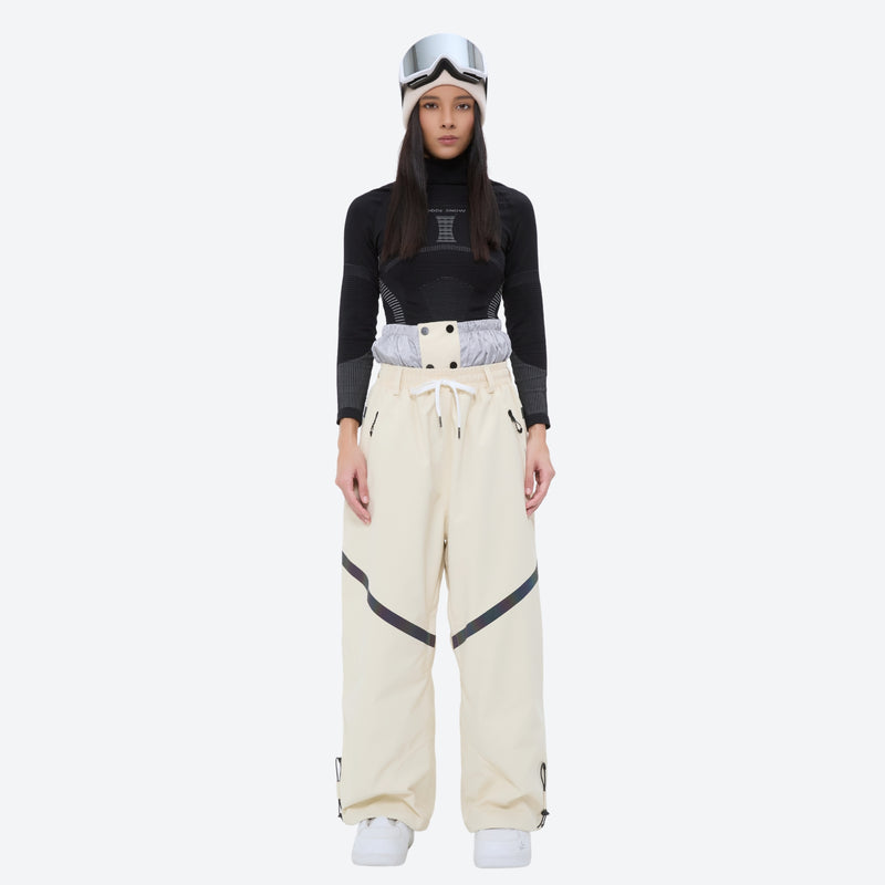 Waterproof snow jacket and pants set - women's cream pants with black base layer, waterproof breathable shell fabric