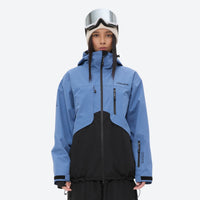 
                  
                    Colorblock snowboard jacket and pants set - blue and black colorblock, on-model front view, for cold-weather winter sports
                  
                