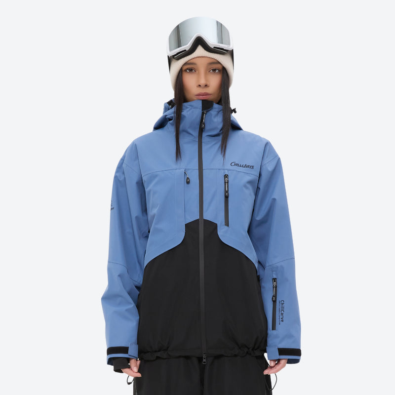 Colorblock snowboard jacket and pants set - blue and black colorblock, on-model front view, for cold-weather winter sports