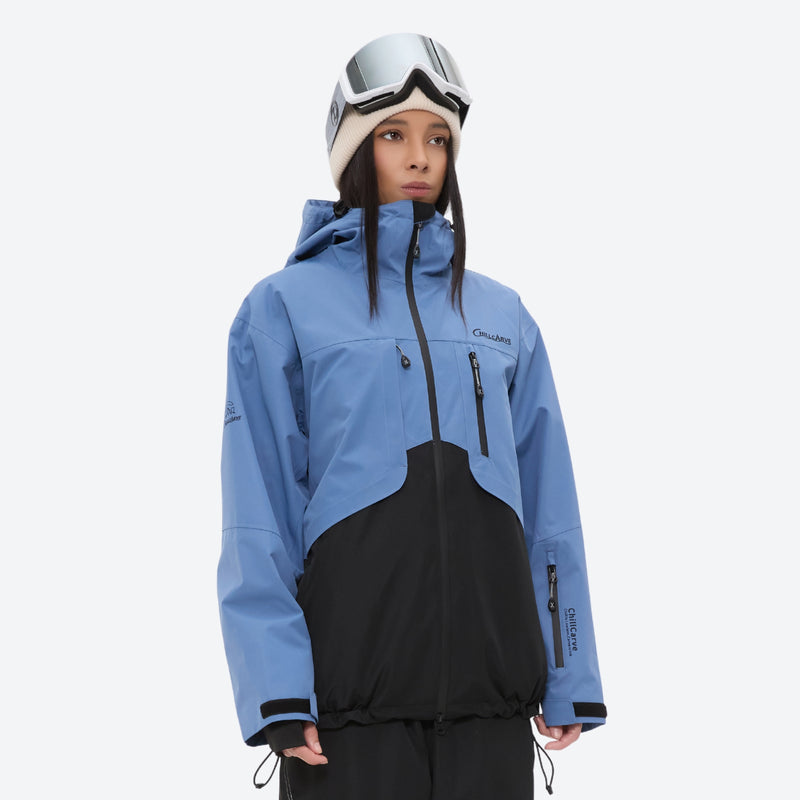 Waterproof 2L snow jacket and pants set - women's blue and black colorblock, for all-mountain and backcountry days