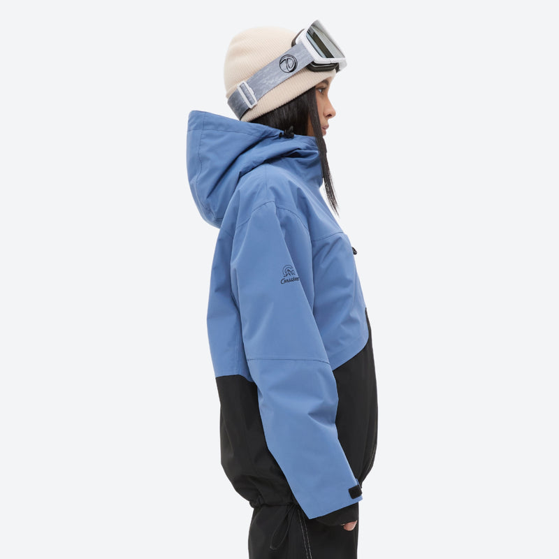 Waterproof snow jacket and pants set - blue and black colorblock, on-model hood side view, for skiing and snowboarding