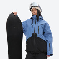 
                  
                    Colorblock snowboard jacket and pants set - blue and black colorblock, for powder and piste riding
                  
                