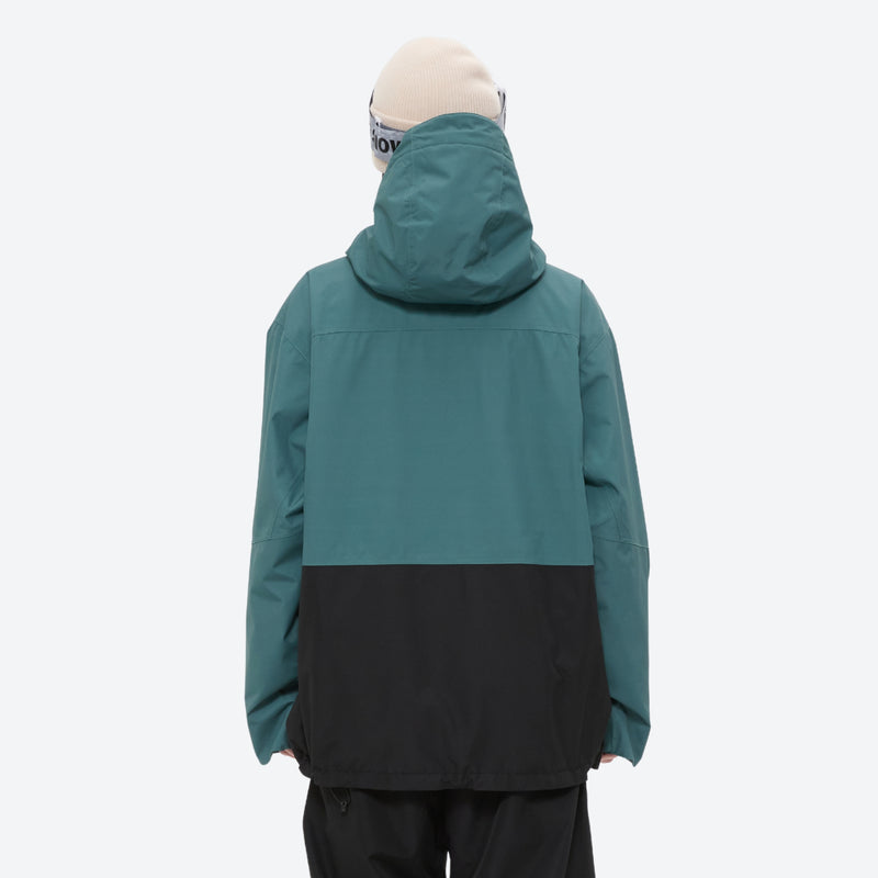 Breathable 2L snowboard jacket and pants - women's teal and black colorblock, for all-mountain and backcountry days