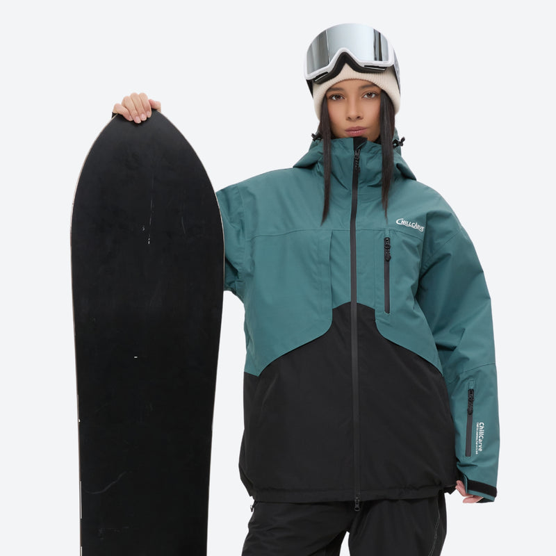 Waterproof 2L snow jacket and pants set - women's teal and black colorblock, for cold-weather winter sports