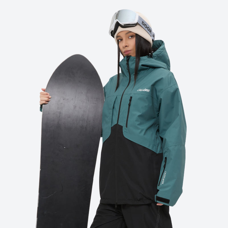 Colorblock ski jacket and pants set - women's teal and black colorblock, for skiing and snowboarding