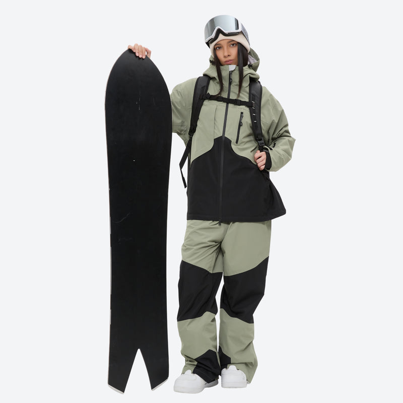 Breathable 2L snowboard jacket and pants - women's sage green and black colorblock, for all-mountain and backcountry days