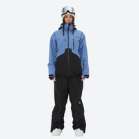 
                  
                    Colorblock snowboard jacket and pants set - blue and black colorblock, on-model front view, for skiing and snowboarding
                  
                