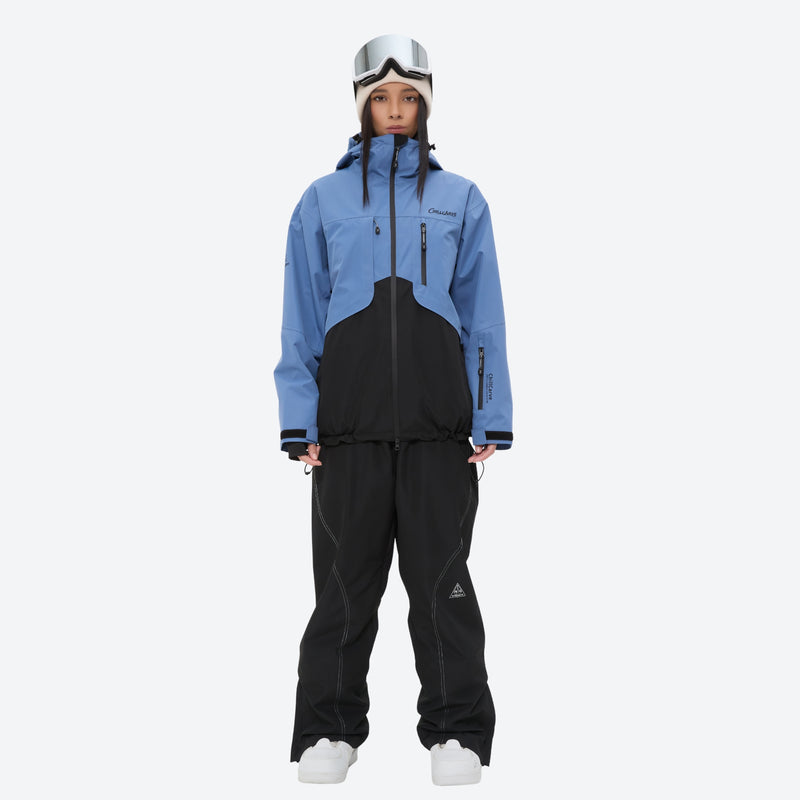 Colorblock snowboard jacket and pants set - blue and black colorblock, on-model front view, for skiing and snowboarding