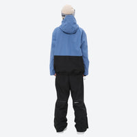 
                  
                    Breathable ski jacket and snow pants combo - blue and black colorblock, on-model back hood view, for powder and piste riding
                  
                