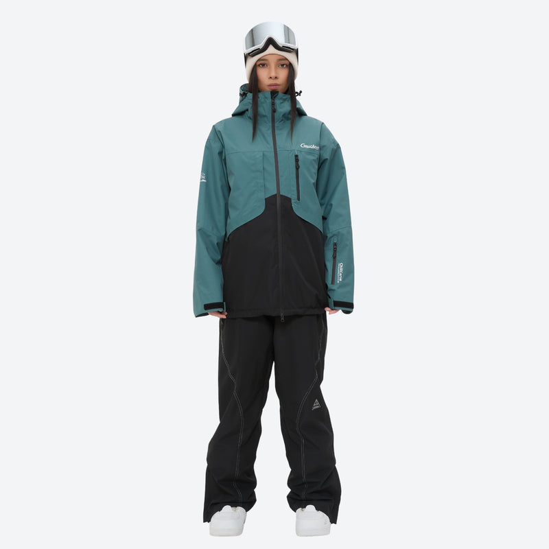 Colorblock ski jacket and pants set - women's teal and black colorblock, for cold-weather winter sports