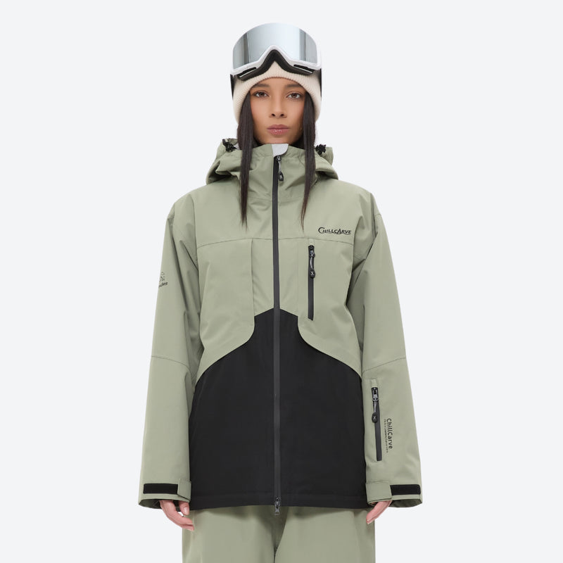 Breathable 2L snowboard jacket and pants - women's sage green and black colorblock, for resort and powder riding