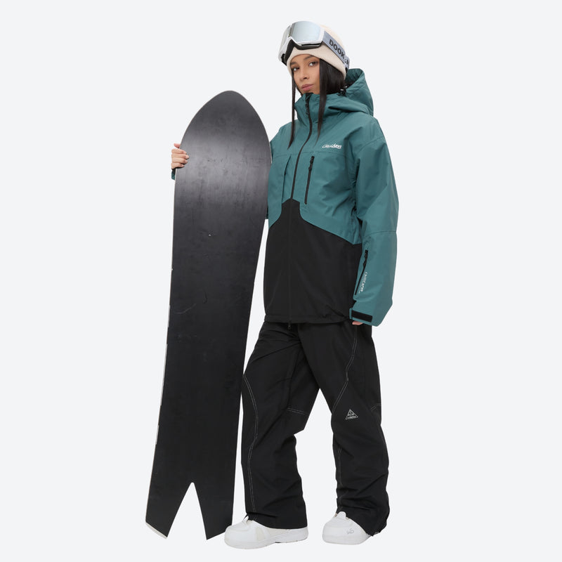 Waterproof 2L snow jacket and pants set - women's teal and black colorblock, for resort and powder riding