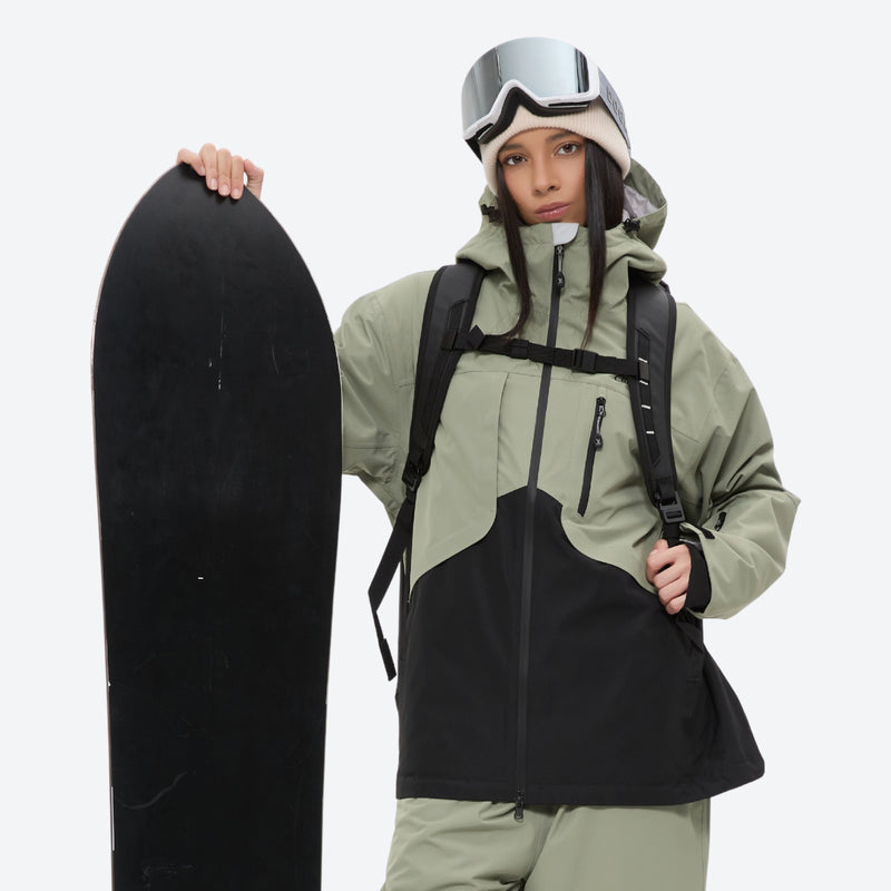 Colorblock ski jacket and pants set - women's sage green and black colorblock, for skiing and snowboarding
