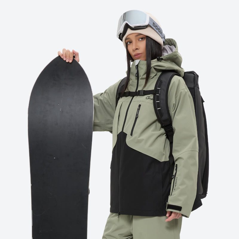 Waterproof 2L snow jacket and pants set - women's sage green and black colorblock, for cold-weather winter sports