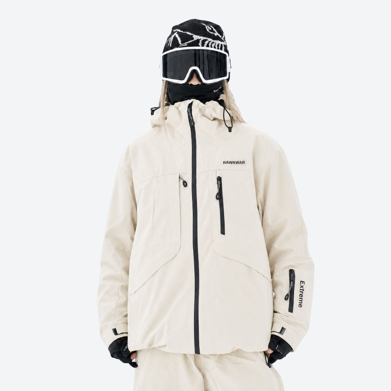Waterproof snow jacket and pants set - women's cream, on-model front view, for cold-weather winter sports