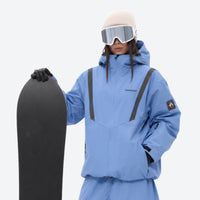 
                  
                    Waterproof snow jacket and pants set - cream, on-model back hood view, for cold-weather winter sports
                  
                