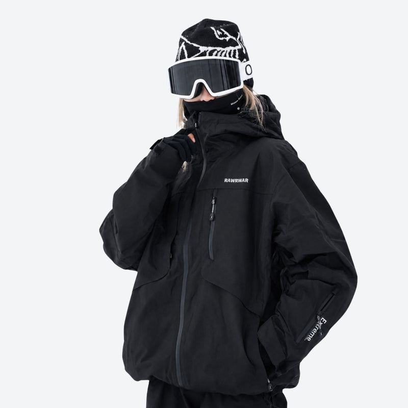 Waterproof snow jacket and pants set - black, on-model front view, for powder and piste riding