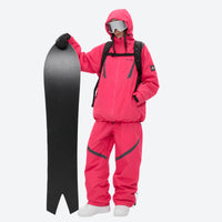 
                  
                    Breathable ski jacket and snow pants combo - rose pink, on-model front with upright snowboard, for cold-weather winter sports
                  
                
