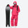 Breathable ski jacket and snow pants combo - rose pink, on-model front with upright snowboard, for cold-weather winter sports