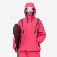 
                  
                    Colorblock snowboard jacket and pants set - rose pink, on-model front holding snowboard, for cold-weather winter sports
                  
                