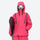 Colorblock snowboard jacket and pants set - rose pink, on-model front holding snowboard, for cold-weather winter sports