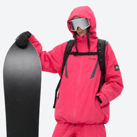 
                  
                    Waterproof snow jacket and pants set - rose pink, on-model front with snowboard and backpack, for skiing and snowboarding
                  
                