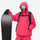 Waterproof snow jacket and pants set - rose pink, on-model front with snowboard and backpack, for skiing and snowboarding