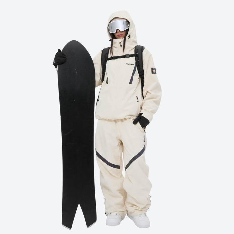 Waterproof snow jacket and pants set - cream, on-model front with snowboard and backpack, for skiing and snowboarding