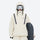 Colorblock snowboard jacket and pants set - cream, on-model front holding snowboard, for resort and backcountry days