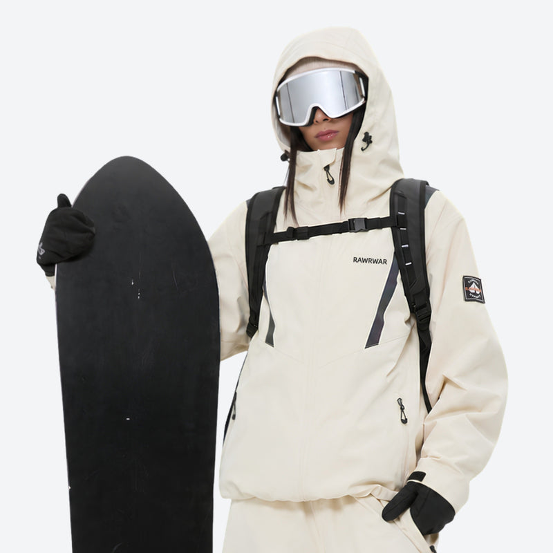 Waterproof snow jacket and pants set - cream, on-model front with snowboard and backpack, for powder and piste riding