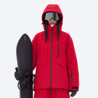 
                  
                    Waterproof snow jacket and pants set - red, on-model front holding snowboard, for cold-weather winter sports
                  
                