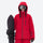 Waterproof snow jacket and pants set - red, on-model front holding snowboard, for cold-weather winter sports