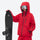 Breathable ski jacket and snow pants combo - red, on-model front holding snowboard horizontal, for skiing and snowboarding