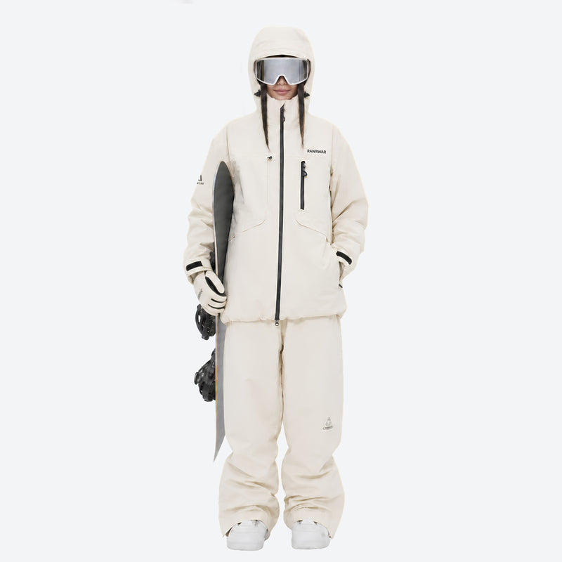 Colorblock snowboard jacket and pants set - cream, on-model front view, for powder and piste riding