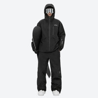 
                  
                    Waterproof snow jacket and pants set - black, on-model full-body front view, for cold-weather winter sports
                  
                
