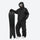 Breathable ski jacket and snow pants combo - black, on-model front with upright snowboard, for skiing and snowboarding