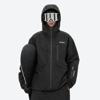 
                  
                    Breathable ski jacket and snow pants combo - black, on-model front with upright snowboard, for cold-weather winter sports
                  
                
