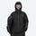 Breathable ski jacket and snow pants combo - black, on-model front with upright snowboard, for cold-weather winter sports