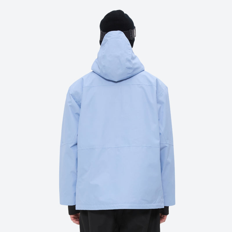 Men's breathable ski jacket and pants combo - sky blue, on-model back hood view, for resort and backcountry days